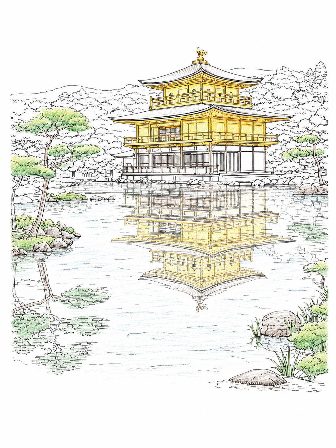 A partly colored landmark page from Color the World